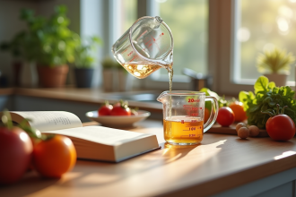 Plan de cuisine avec un verre doseur de 20 ml et ingrédients frais