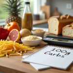 Plan de travail propre avec pain complet riz et fruits