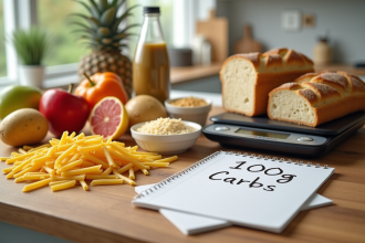 Plan de travail propre avec pain complet riz et fruits