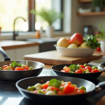 Plan de travail moderne avec trois poêles en inox fonte et céramique en cuisson légumes