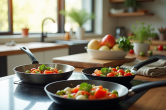 Plan de travail moderne avec trois poêles en inox fonte et céramique en cuisson légumes