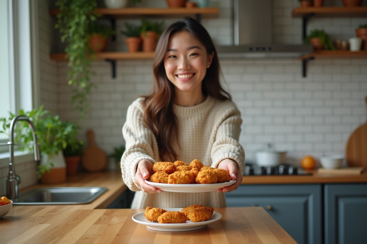 Femme souriante servant des tenders de poulet maison dans la cuisine