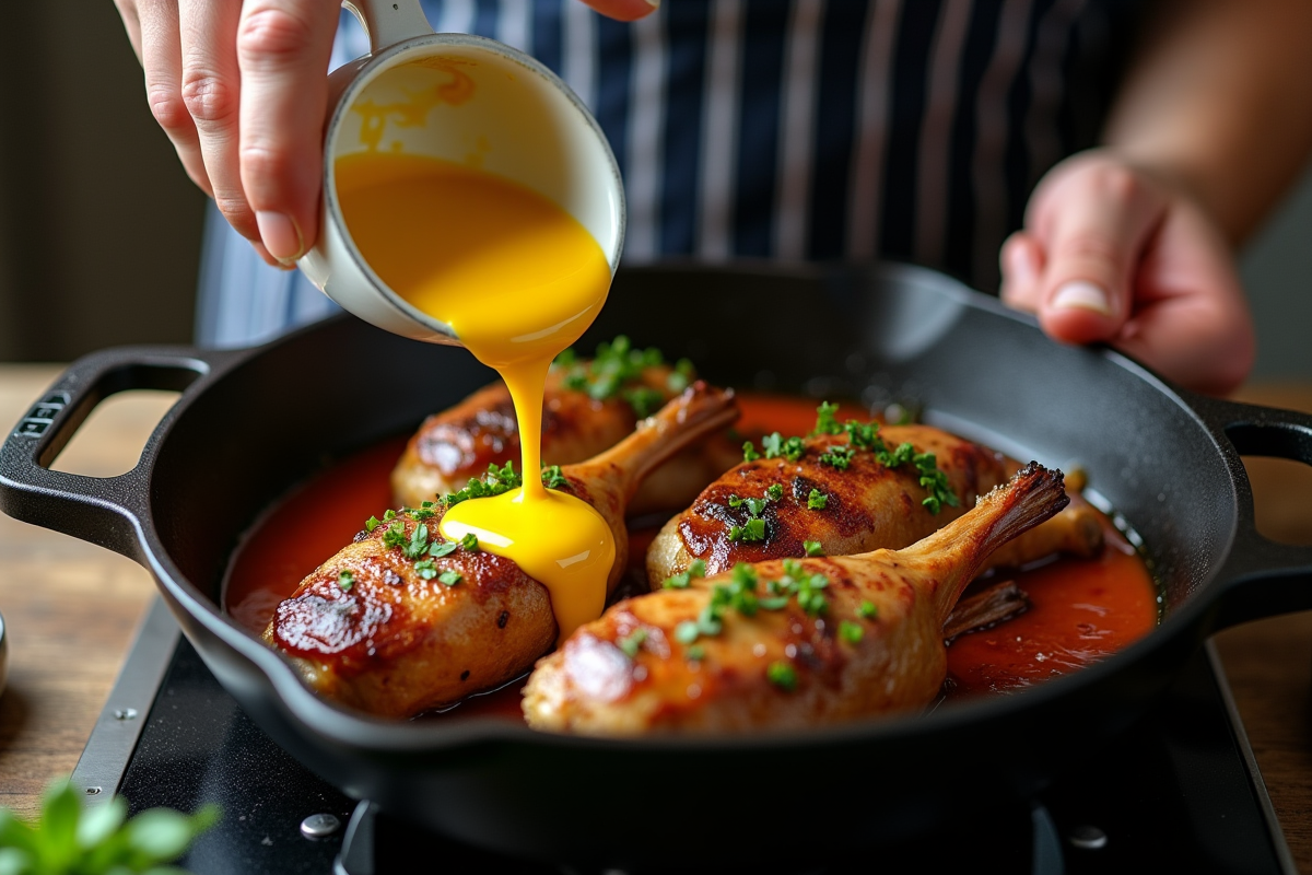 Cuisinier versant la sauce moutarde sur le lapin dans une cocotte en fonte