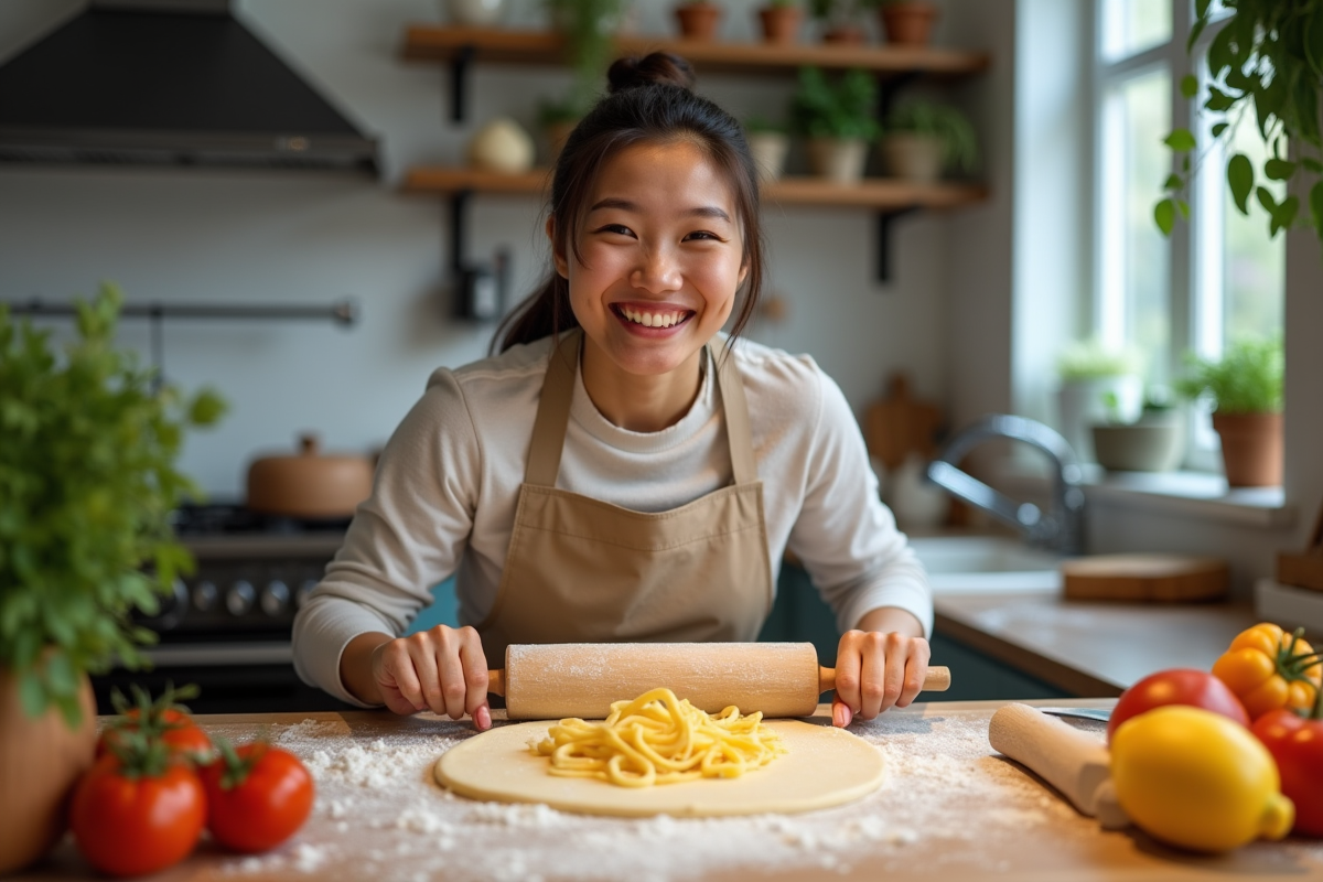 Cuisiniere vegan préparant des pâtes maison dans une cuisine moderne