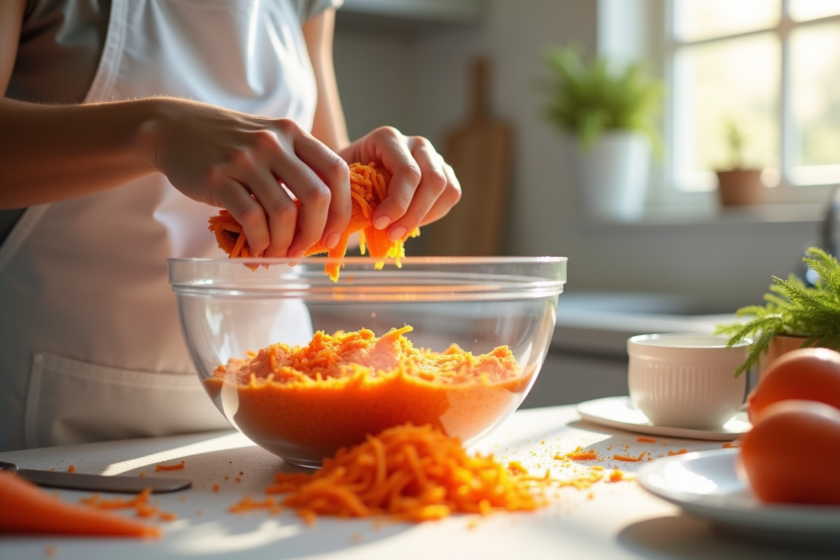Mains de cuisinier râpant des carottes fraîches dans un bol en cuisine
