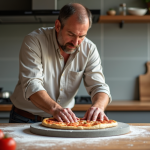 Homme en chemise en lin préparant une pizza dans la cuisine