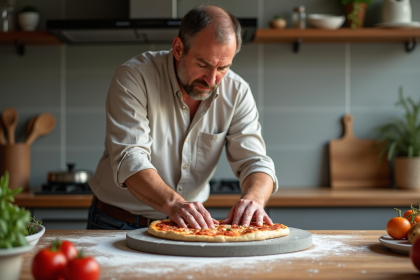 Homme en chemise en lin préparant une pizza dans la cuisine