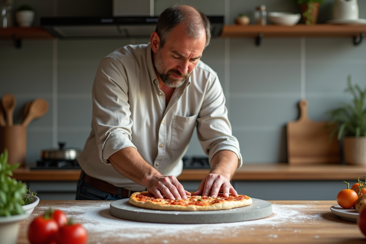 Homme en chemise en lin préparant une pizza dans la cuisine