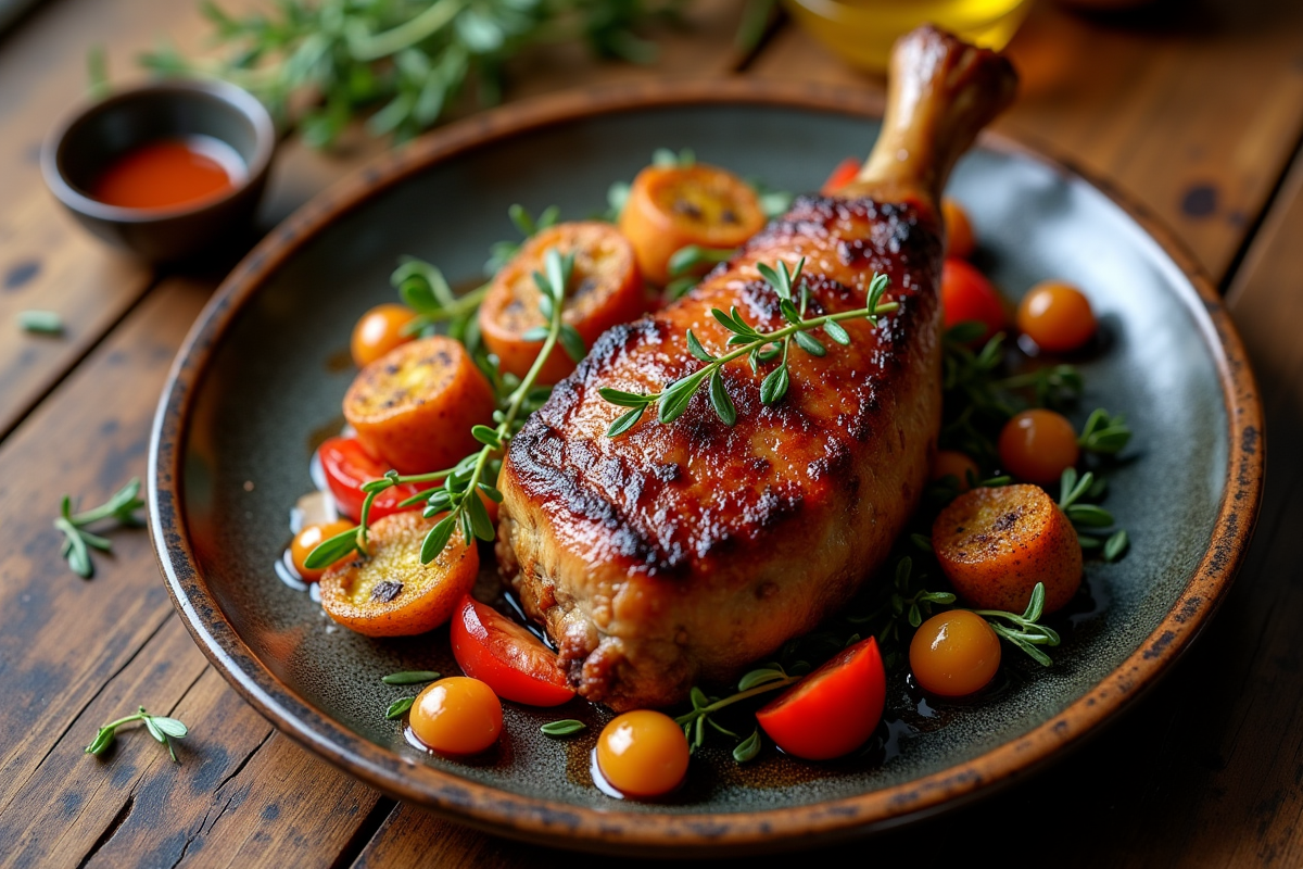 Cuisse de dinde confite servie avec légumes sur une table en bois
