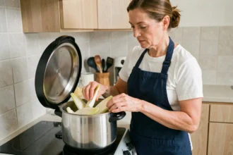 Femme préparant des endives dans une cocotte minute sur un plan de cuisson domestique