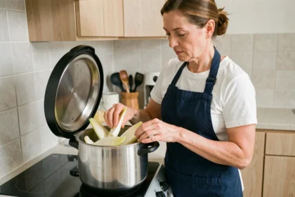 Femme préparant des endives dans une cocotte minute sur un plan de cuisson domestique