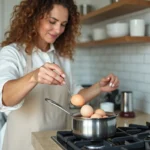 Femme plaçant des œufs entiers dans une casserole d'eau froide sur une cuisinière, méthode de cuisson des œufs durs à l'eau froide
