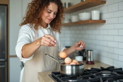 Femme plaçant des œufs entiers dans une casserole d'eau froide sur une cuisinière, méthode de cuisson des œufs durs à l'eau froide