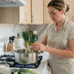 Femme en tablier de lin faisant cuire des poireaux à l'eau dans une grande casserole sur une cuisinière blanche moderne