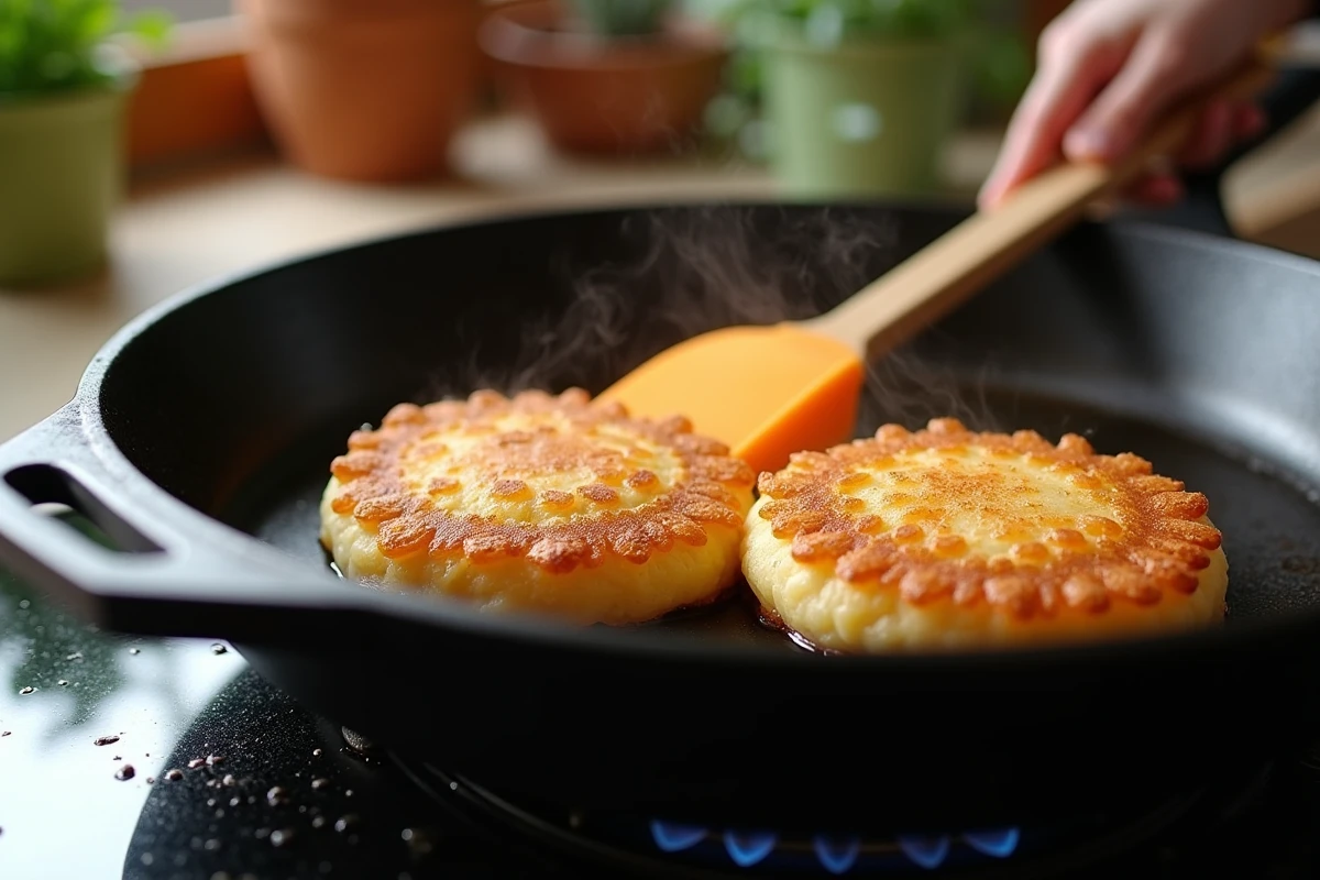 Rapées de pommes de terre sans gluten en train de cuire dans une poêle en fonte avec des bords dorés et croustillants sur un feu de gaz