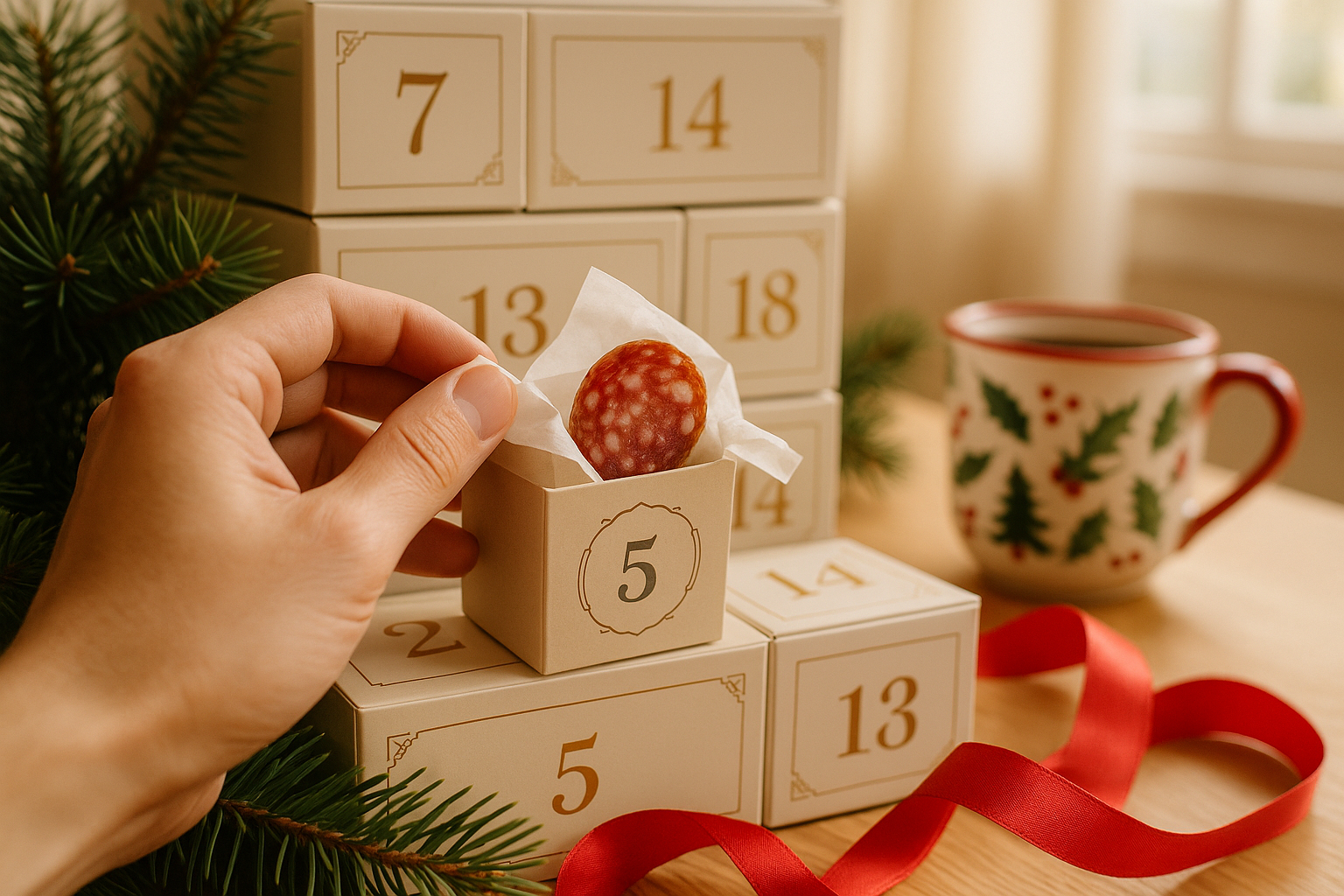 Main déballant une saucisse dans un calendrier de l