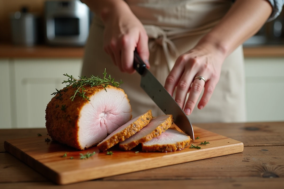 Personne découpant un rôti de porc juteux sur une planche en bois dans une cuisine familiale rustique avec air fryer visible en arrière-plan