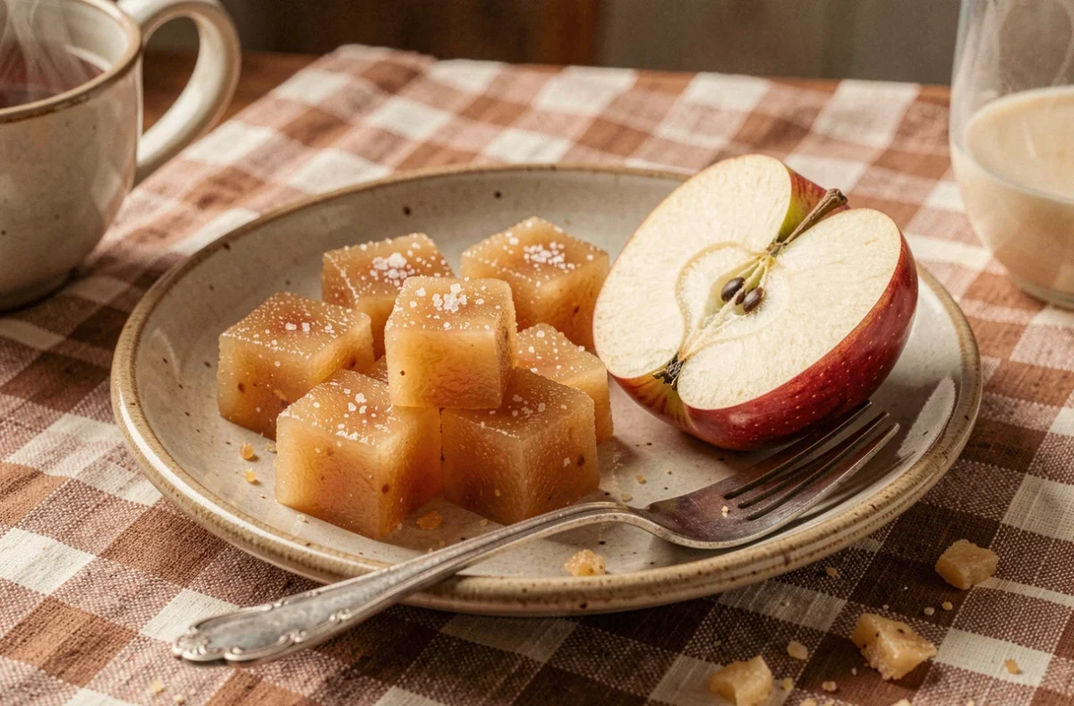 Assiette de pâte de fruit à la pomme maison avec une pomme fraîche et une fourchette vintage sur nappe à carreaux