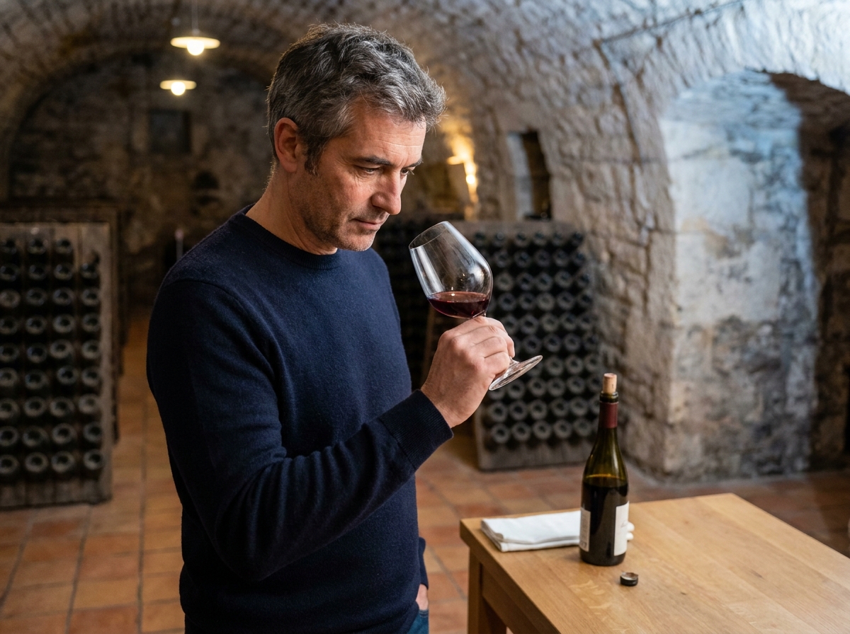Homme faisant tourner un verre de Pinot Noir de Bourgogne dans une cave à vin en pierre calcaire