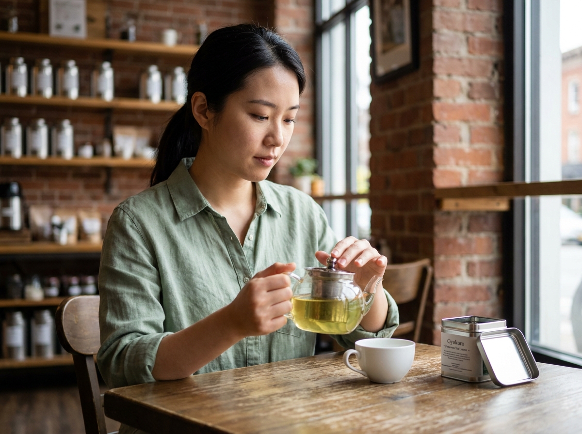 Femme dégustant un thé vert sencha dans un salon de thé artisanal avec théière en verre