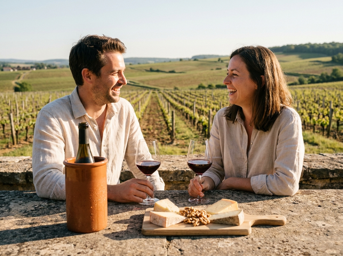 Deux amis dégustant un vin de Bourgogne en terrasse devant des vignes avec fromage et noix