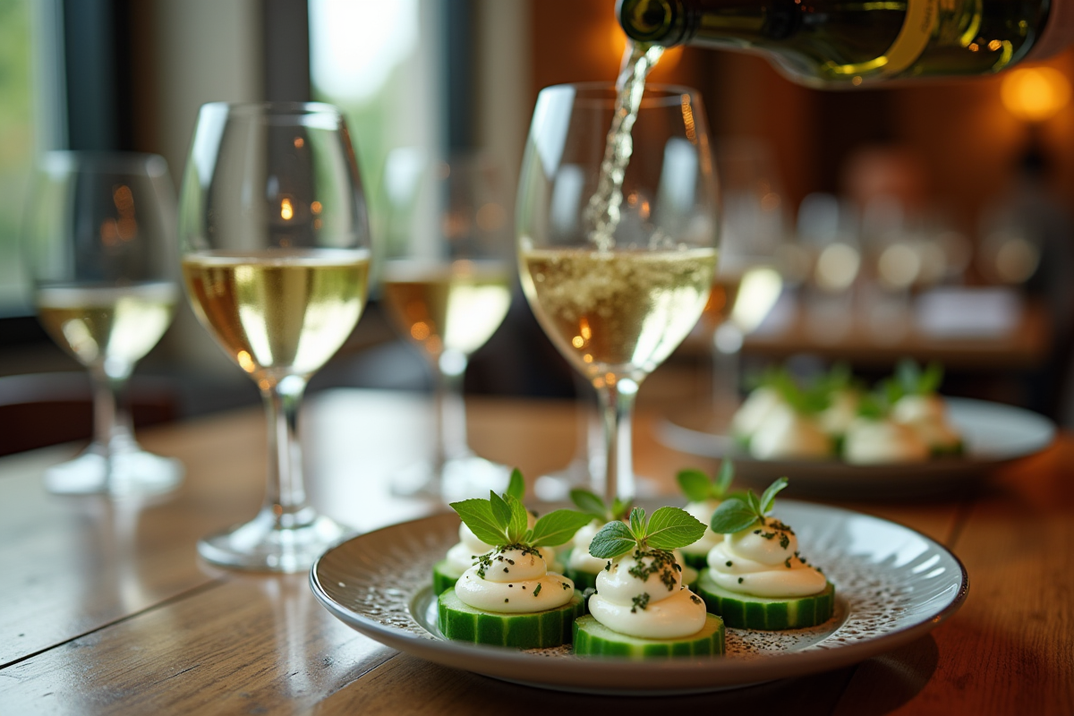 Dégustation de vin blanc avec assiette de concombre creme