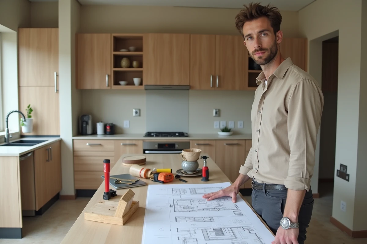 Jeune designer cuisine analysant des plans de rénovation