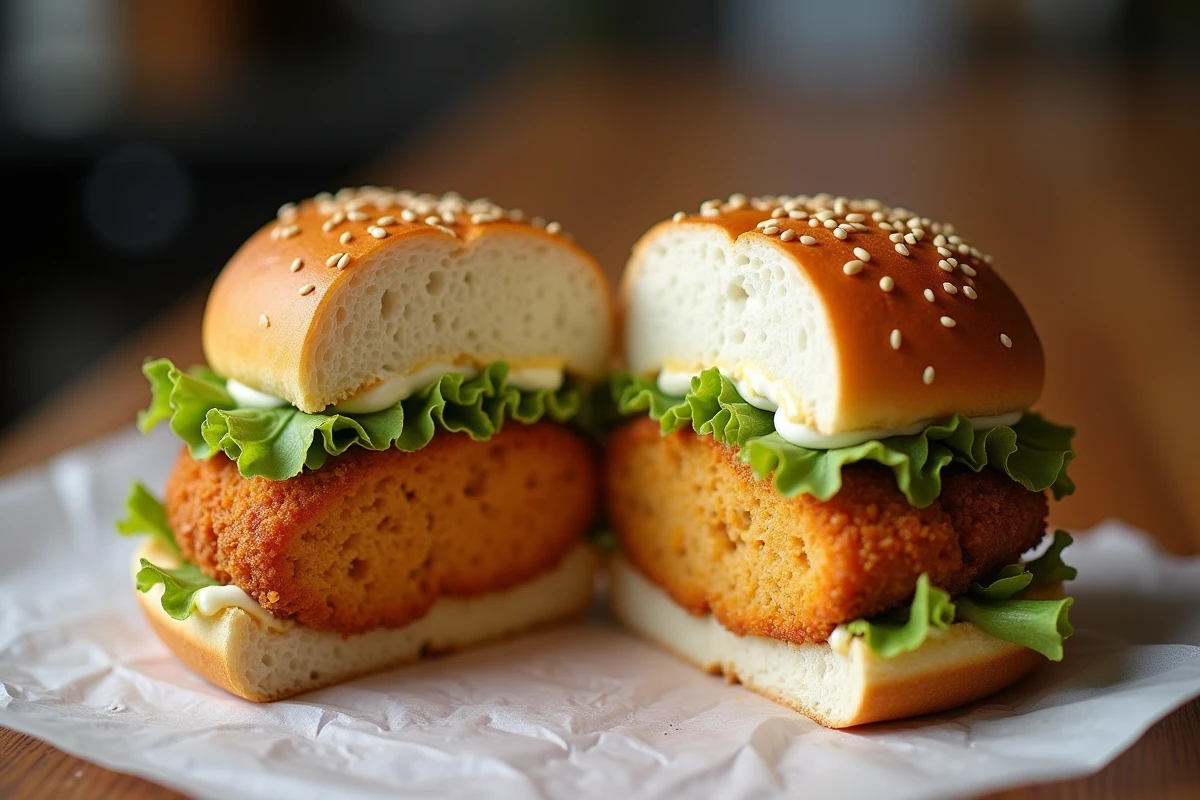 Gros plan sur la coupe transversale du burger poulet croustillant Pepe Chicken révélant ses ingrédients