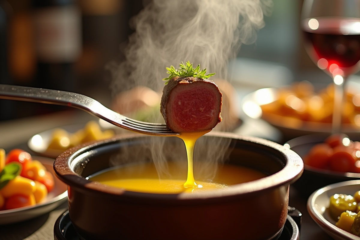 Gros plan d une fourchette de fondue plongeant dans l huile