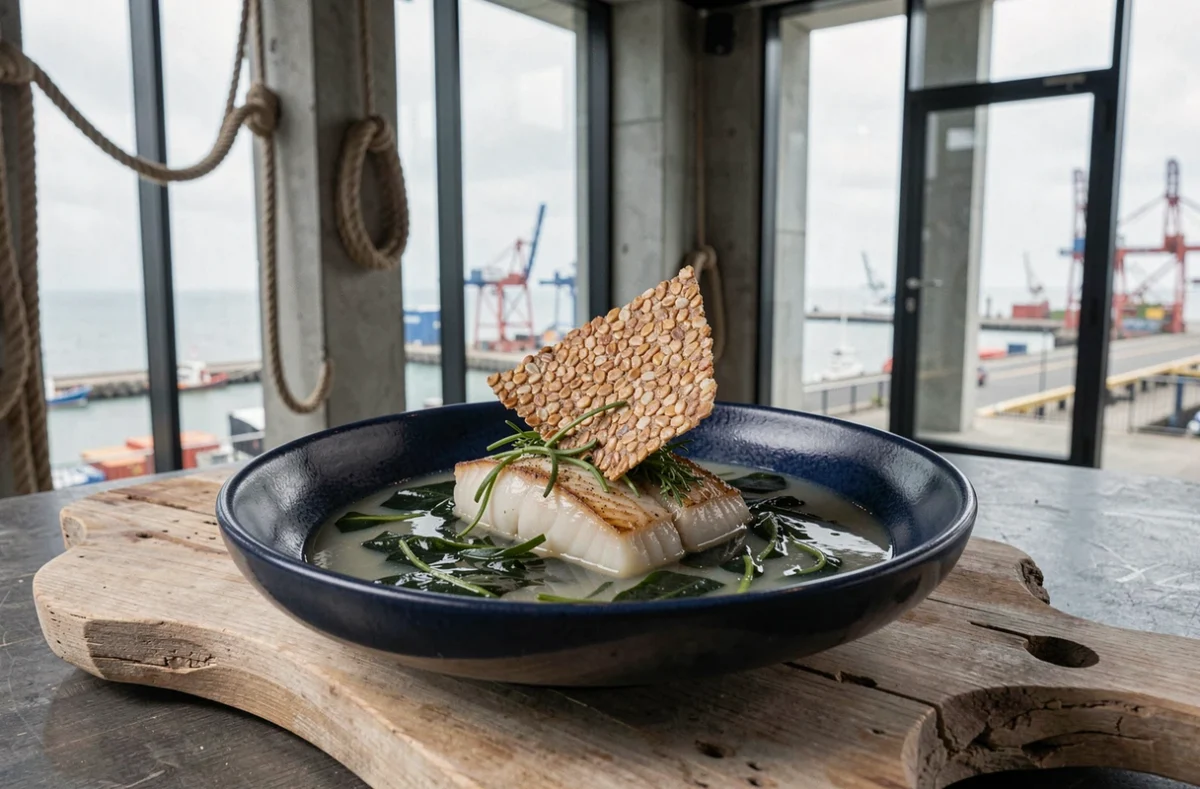 Plat de sole de mer finement dressé au Dona Restaurant à Dunkerque avec vue sur le port maritime en arrière-plan