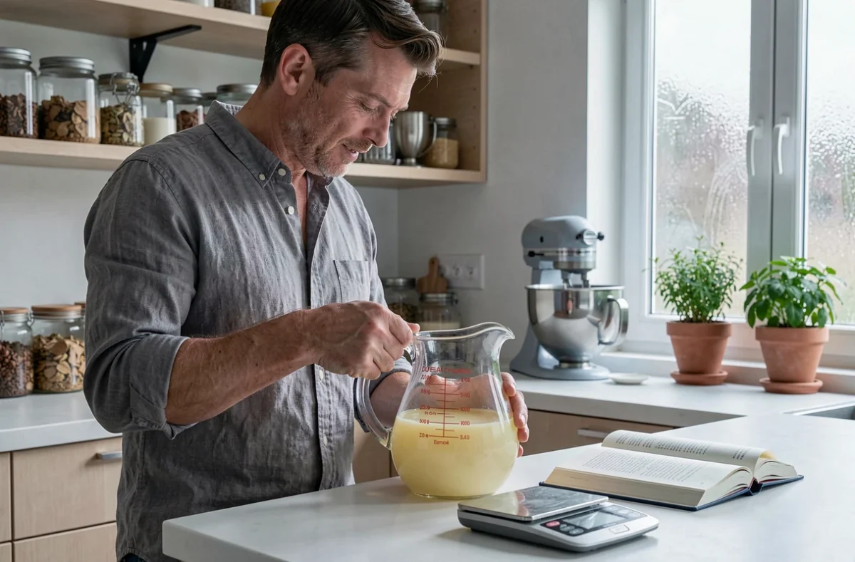 Homme consultant un livre de recettes et une balance numérique avec un verre doseur de beurre fondu dans une cuisine domestique moderne