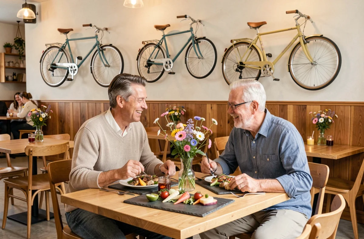 Couple dégustant un menu de saison sur ardoises au bistrot En Tandem à Montrichard Val de Cher, décor vélo et boiseries chaleureuses