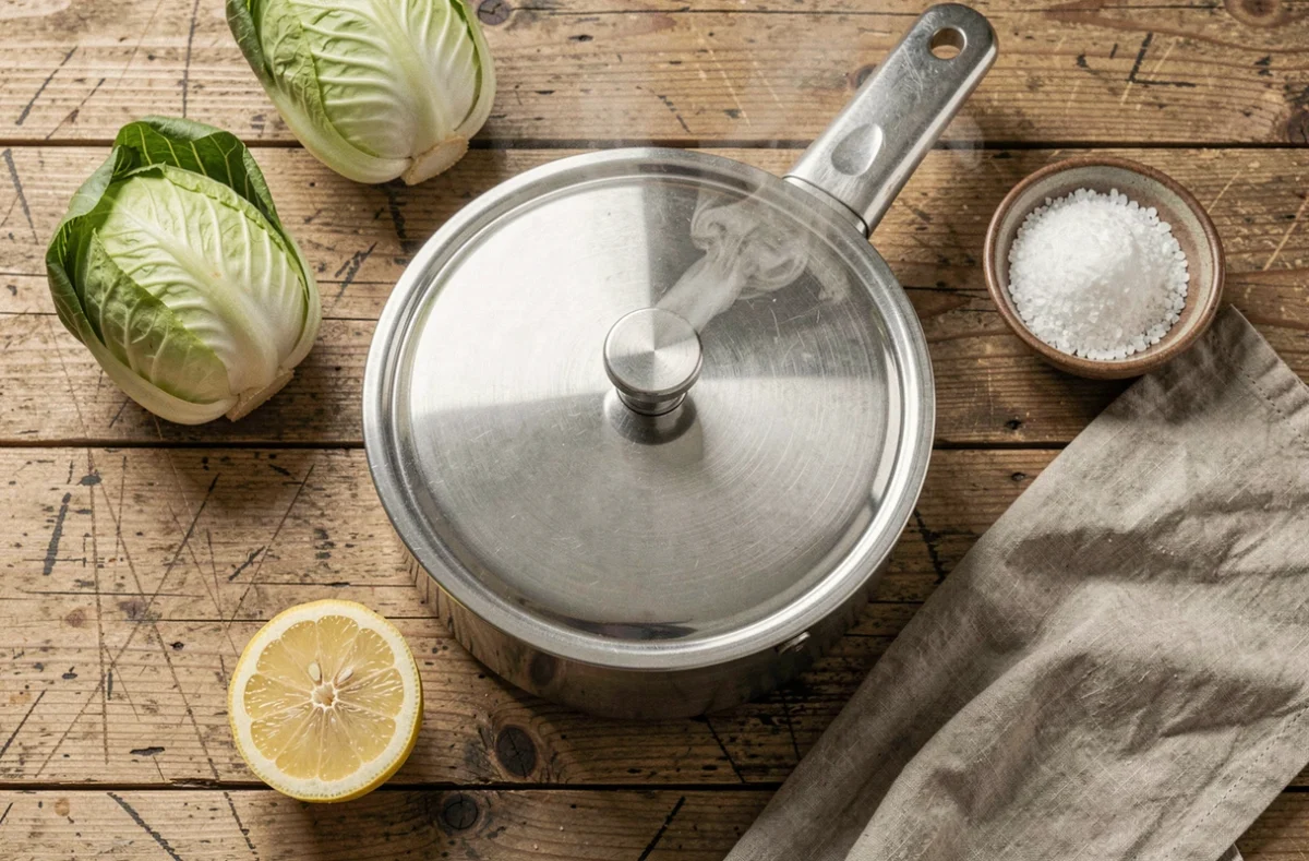 Vue de dessus d'une cocotte minute entourée d'endives crues et d'ingrédients pour la cuisson familiale