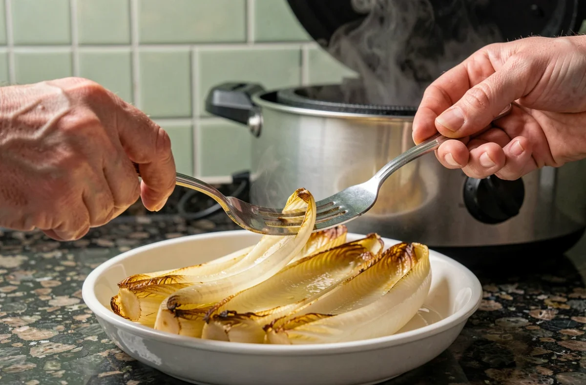Endives cuites à la cocotte minute testées à la fourchette dans un plat en céramique blanche