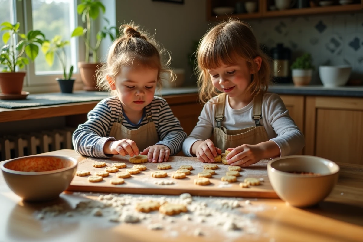 Deux enfants façonnant la pâte à cookies dans la cuisine lumineuse