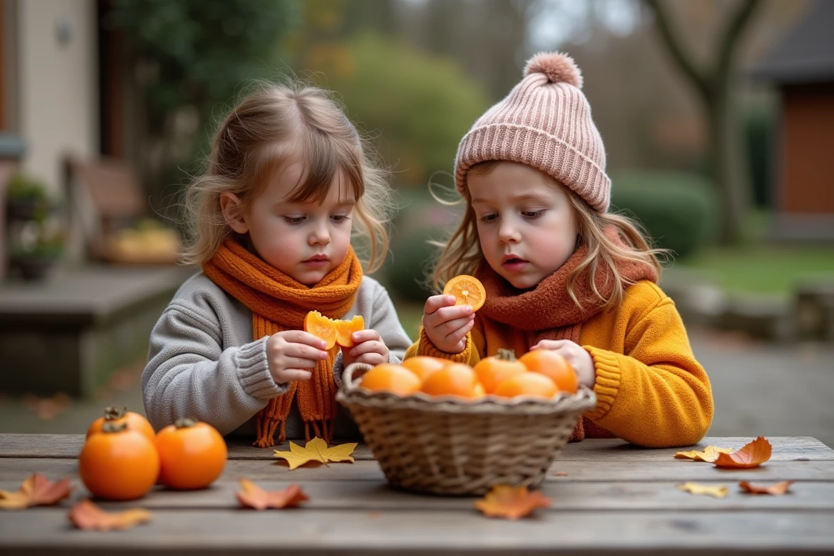Deux enfants assis à l'extérieur en automne découvrant la texture gélatineuse de tranches de kaki avec des expressions de curiosité et d'émerveillement