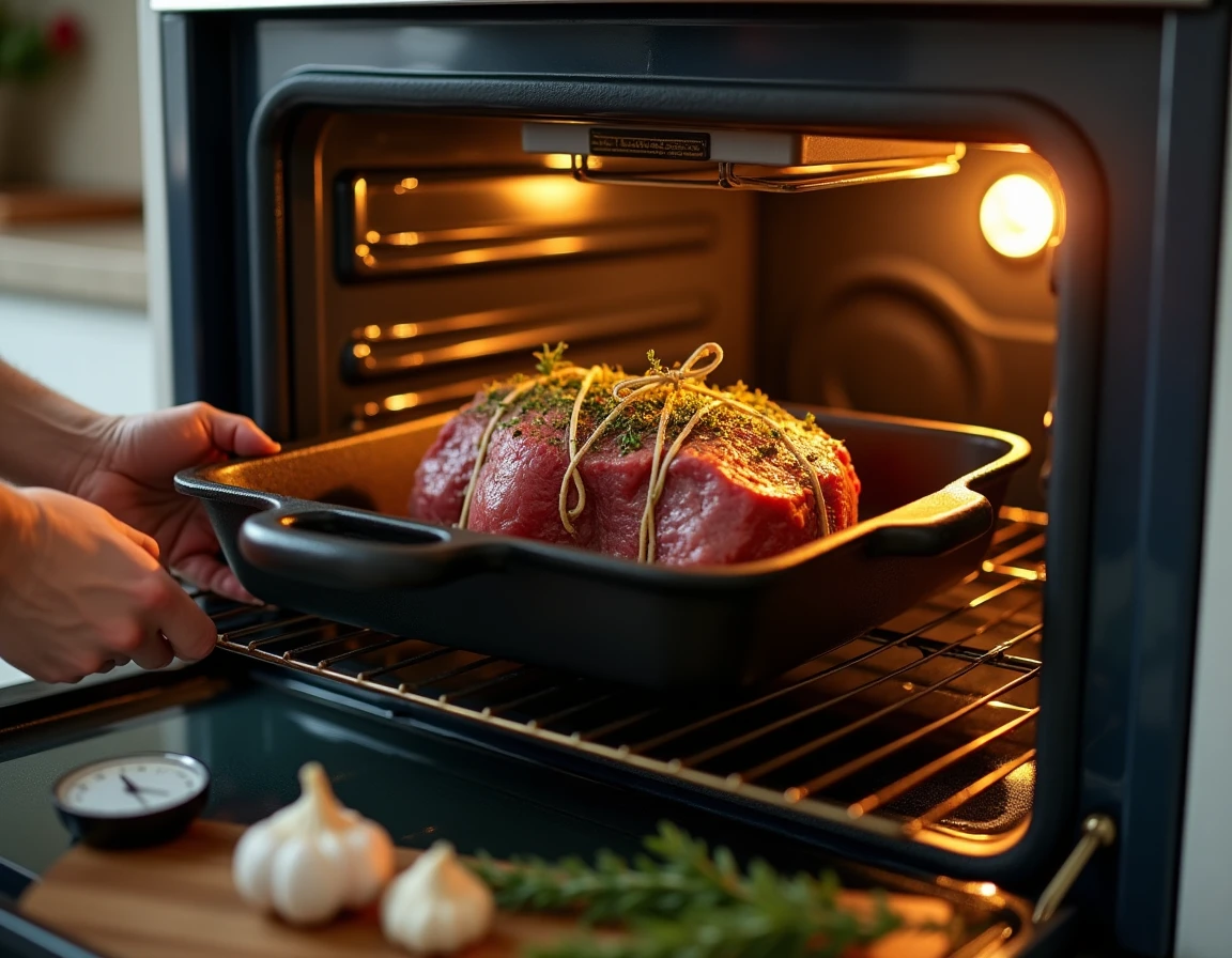 Cuisinier enfournant un rôti de bœuf de 1 kg dans un four domestique avec plat en fonte