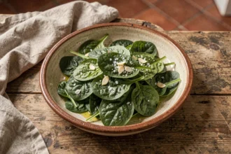 Épinards frais dans un plat en céramique prêts à cuire au four avec huile d'olive et ail