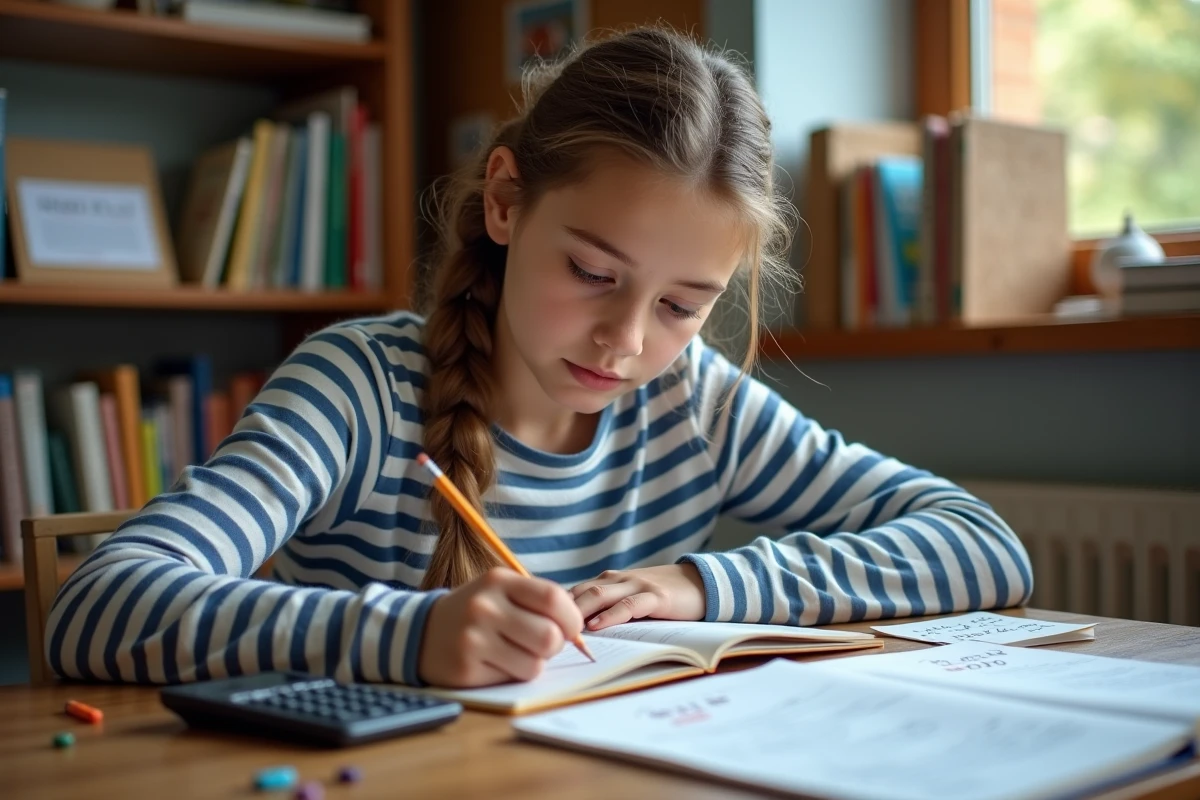 Adolescente assise à son bureau étudiant des exercices de conversion de centilitres en litres dans un cahier, avec une calculatrice et une fiche de formules de conversion de volumes