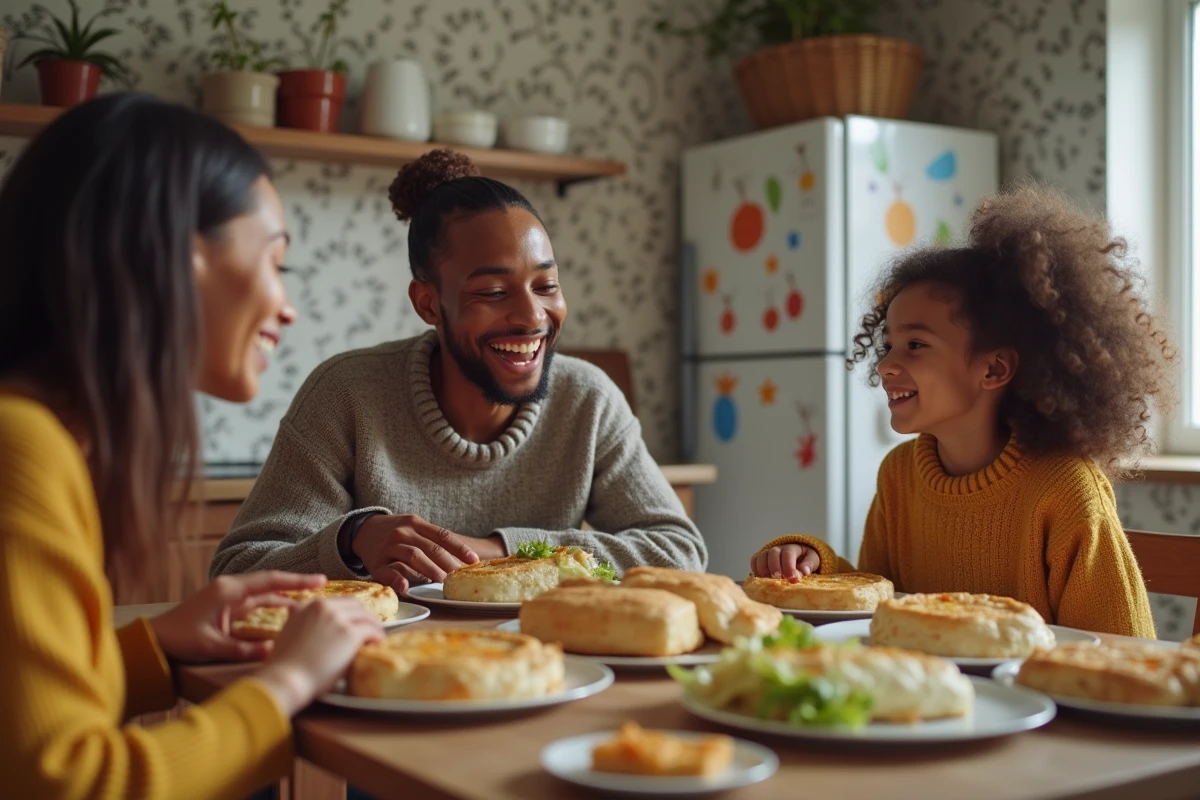 Famille partageant un repas de choux farcis à la table