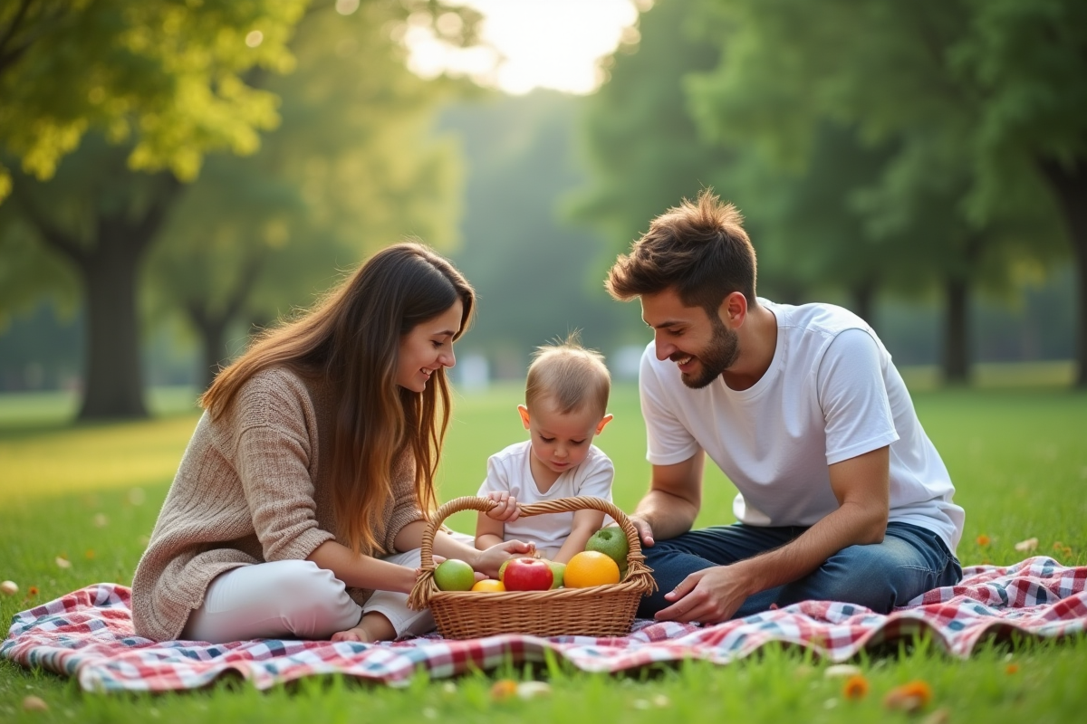 Famille faisant un pique-nique dans un parc vert