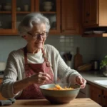 Femme âgée servant soupe vermicelli dans la cuisine chaleureuse