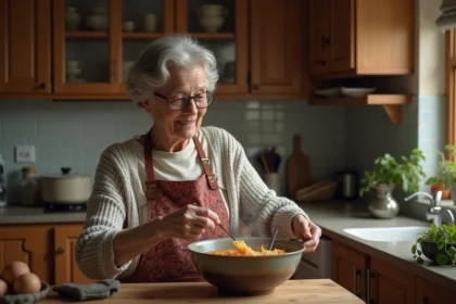 Femme âgée servant soupe vermicelli dans la cuisine chaleureuse