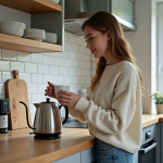 Jeune femme dans la cuisine avec tasse et bouilloire