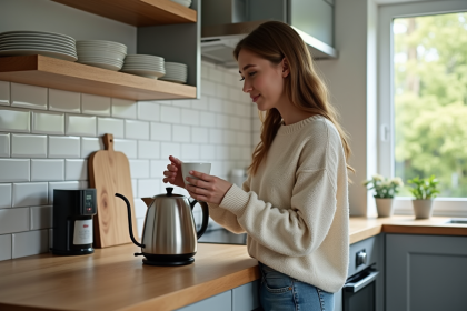 Jeune femme dans la cuisine avec tasse et bouilloire