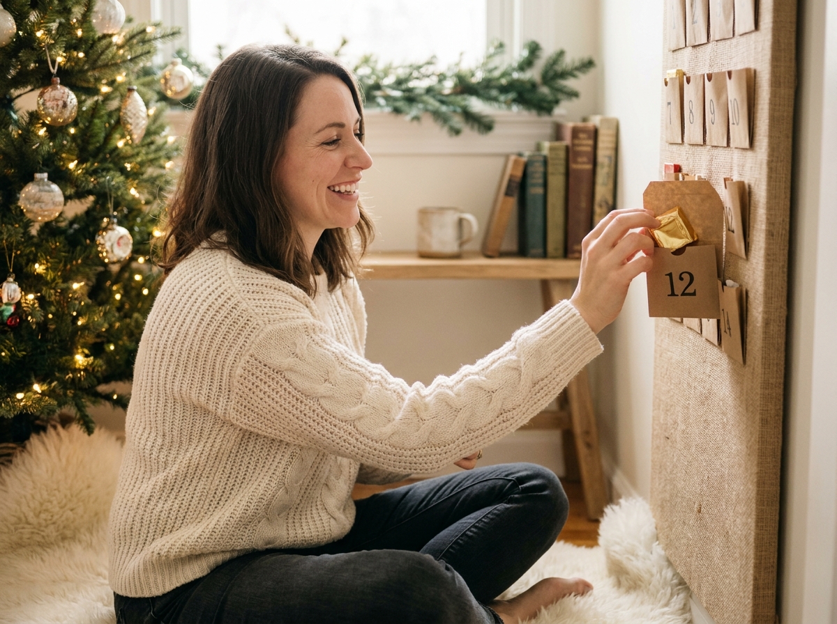 Femme ouvrant une case de calendrier de l'Avent gourmand en papier kraft avec un chocolat doré près d'un sapin