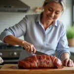 Femme souriante en cuisine carves un rôti de porc