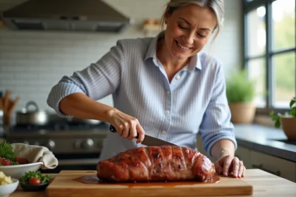 Femme souriante en cuisine carves un rôti de porc