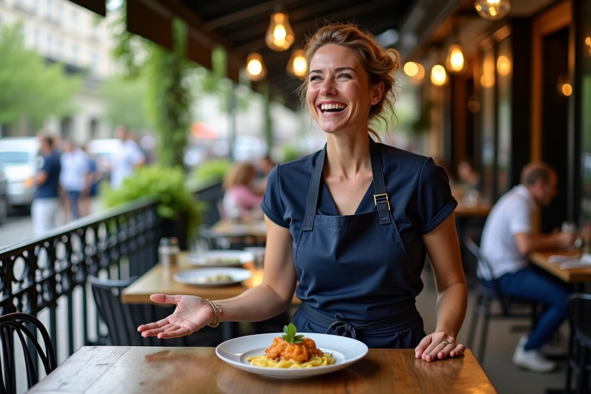 Femme chef souriante présentant un plat sur une terrasse parisienne
