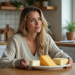 Jeune femme choisissant des fromages dans une cuisine lumineuse